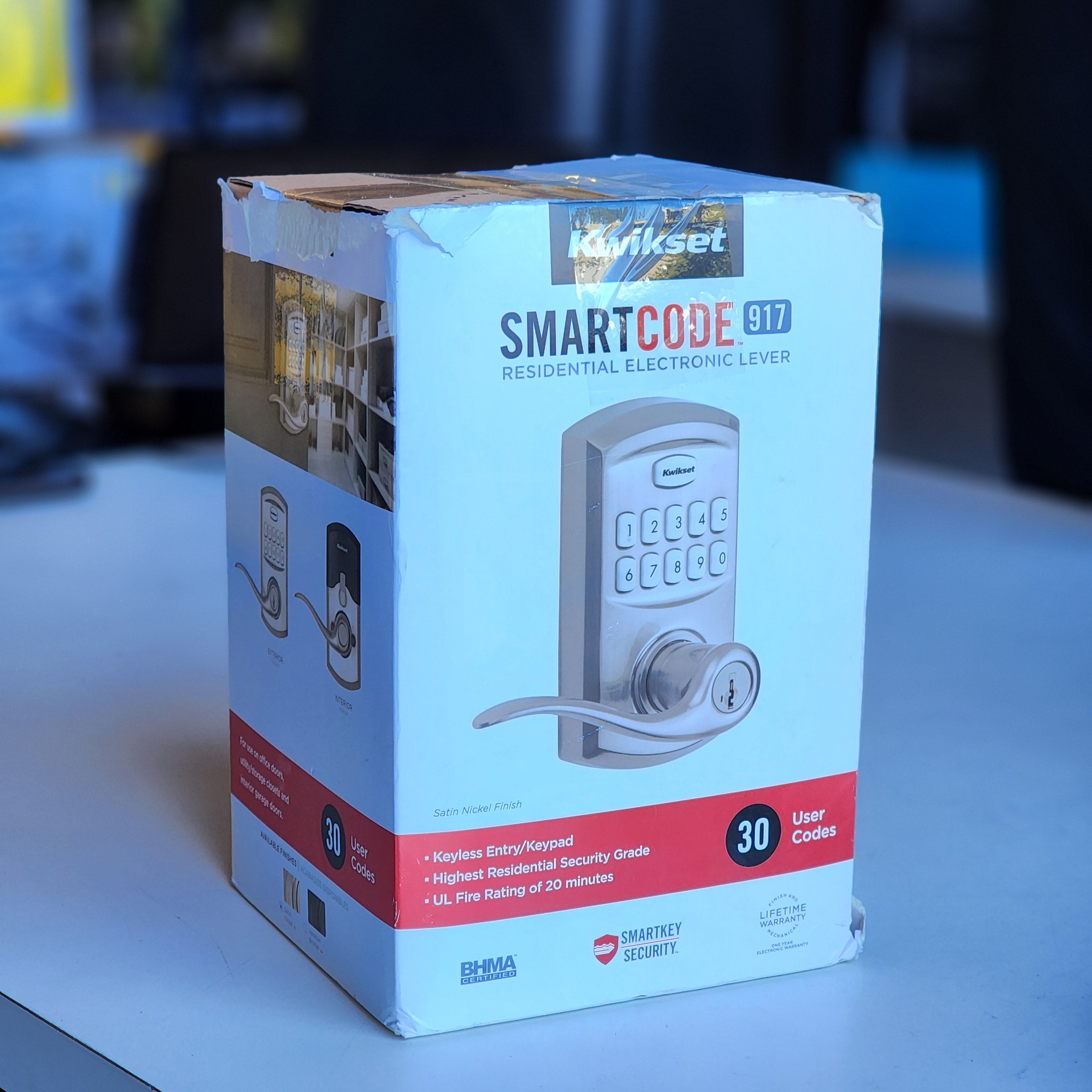 917 SmartCode Satin Nickel Keypad Electronic Single-Cylinder Tustin Door Lever Featuring SmartKey Security (99170-001) 917 SmartCode Satin Nickel Keypad Electronic Single-Cylinder Tustin Door Lever Featuring SmartKey Security (99170-001)